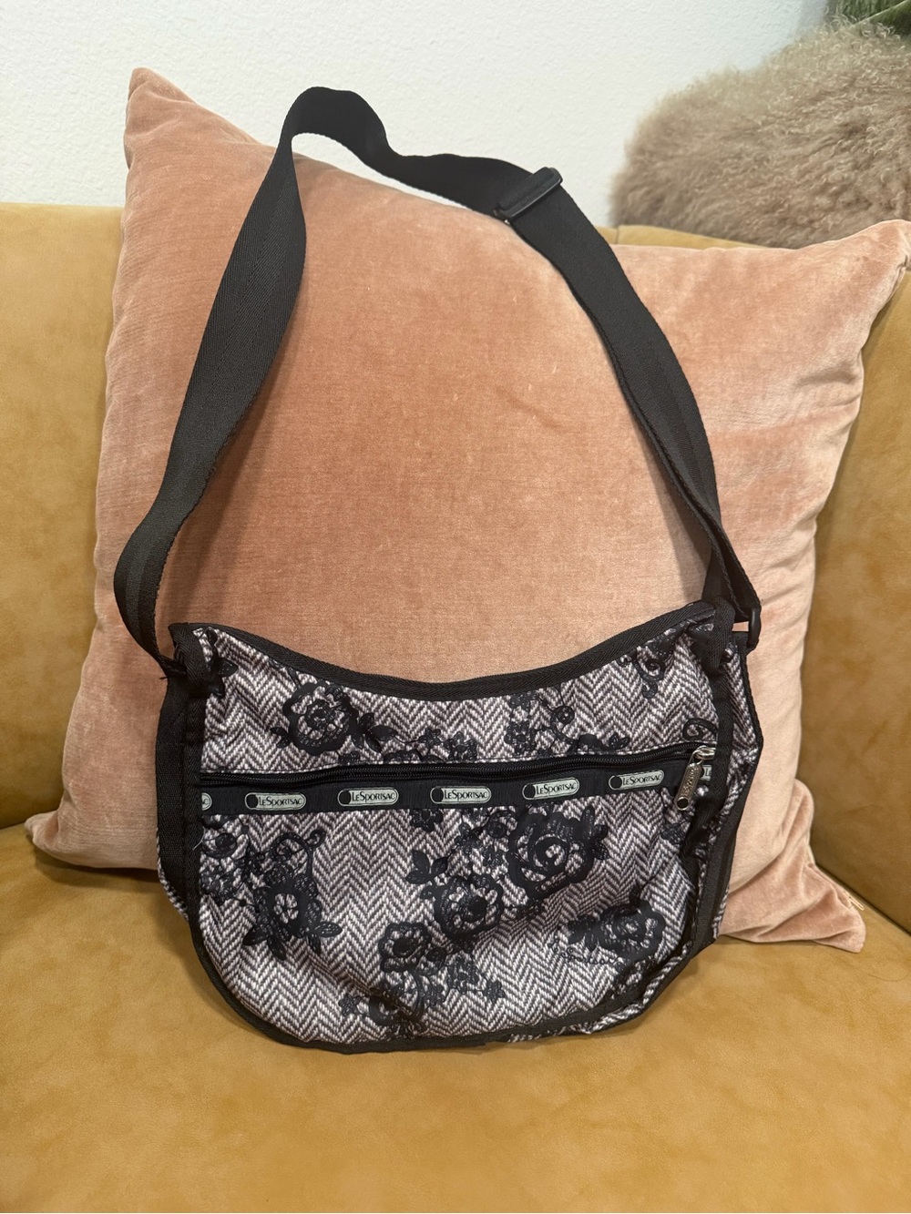 Lesportsac Black and Gray Floral Herringbone Crossbody Bag